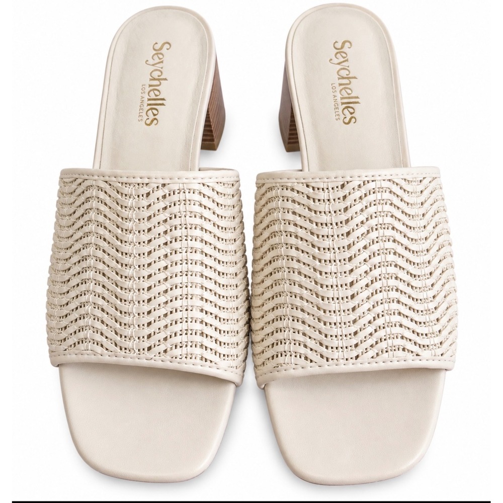 NEW Seychelles Los Angeles Woven Block Heel Slides Cream Square Toe Mules Size 9